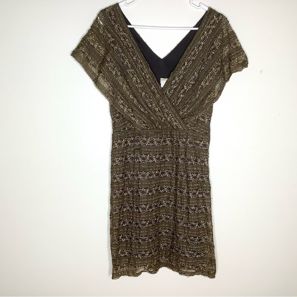 < Vintage Ali Ro Brown Lace Dress With Metallic Gold Detail >